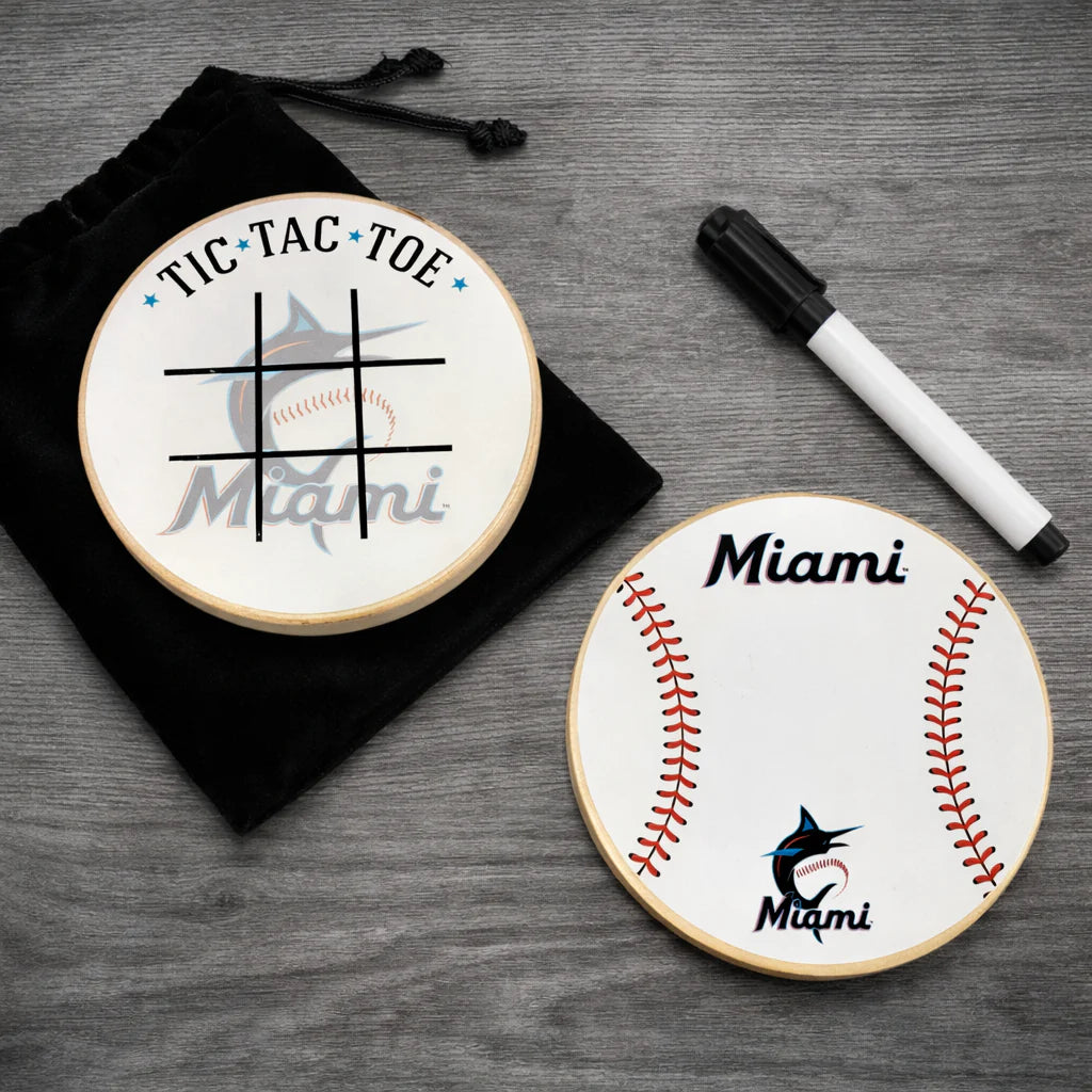 Miami Marlins Portable Dry Erase Game Board - 6.5" Double-Sided Wooden Tic Tac Toe Travel Set with Marker & Bag