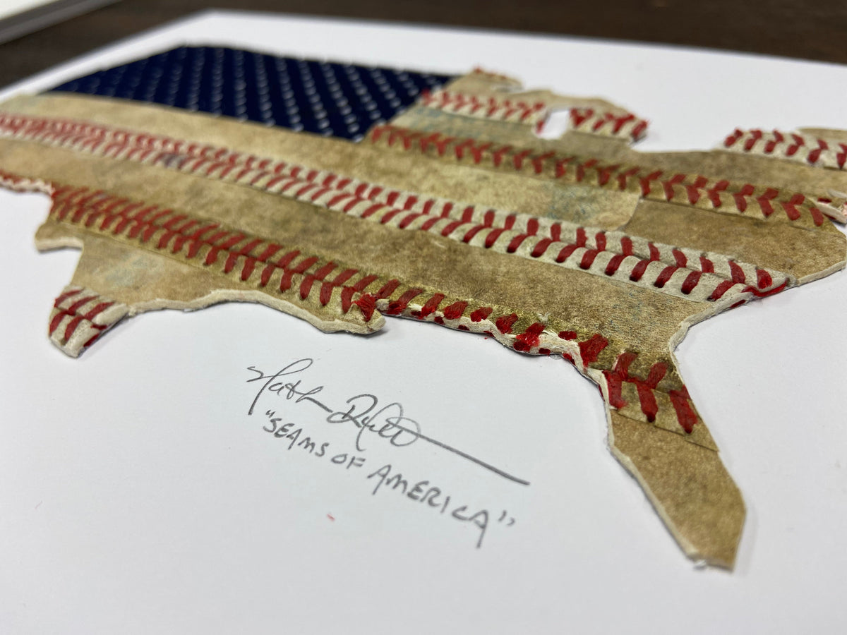 “Seams of America” USA Baseball Original Artwork in 8x10 Sandlot Style Distressed Wood Plank Frame