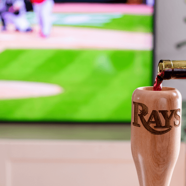 baseball bat wine glass Tampa Bay Rays game day pour